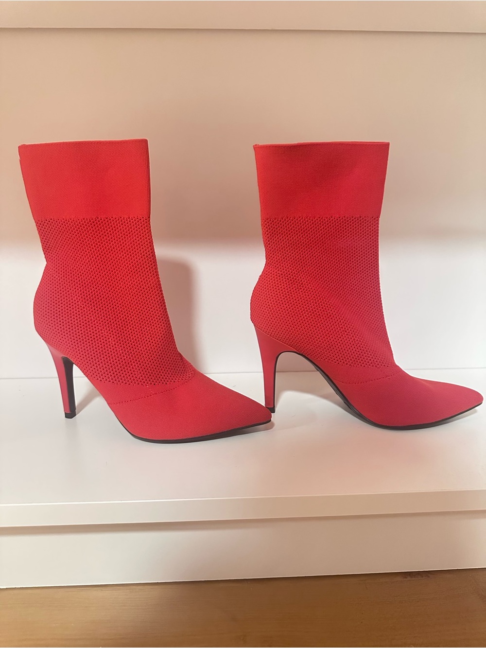 Brush Chili Red Pointed Sock Heeled Boots Women size 6.5 Modern Sleek Stiletto